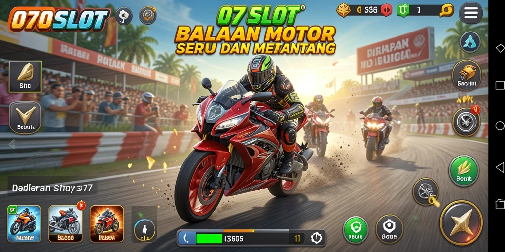 Screenshot utama gameplay 070SLOT menampilkan balapan motor yang seru.