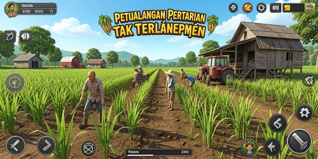 Screenshot gameplay 8II menunjukkan kebun yang subur dan berbagai aktivitas bertani.