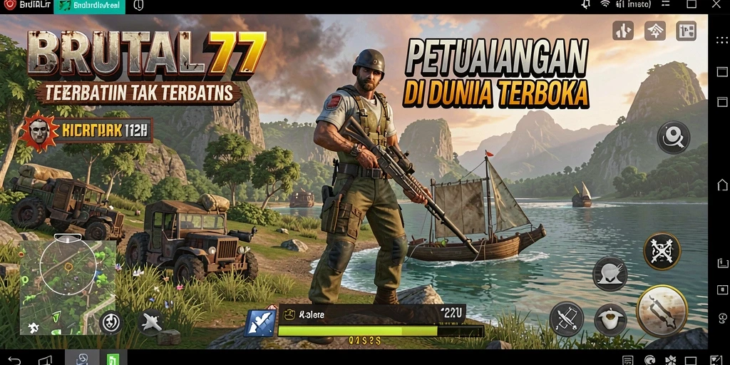 Tangkapan layar dari gameplay <strong>BRUTAL77</strong> yang menunjukkan dunia terbuka yang luas.