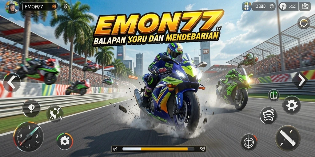 Screenshot gameplay EMON77 yang menunjukkan aksi balapan yang seru.