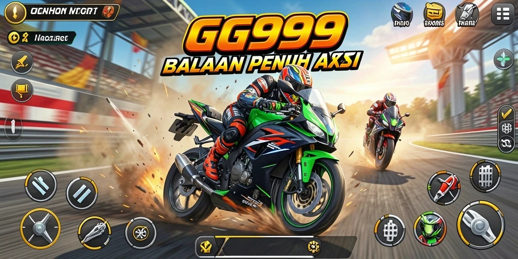 Screenshot gameplay GG999 yang menunjukkan aksi balapan motor yang menegangkan.