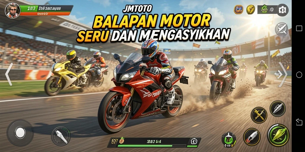 Gameplay seru JMTOTO dengan balapan motor yang mendebarkan.