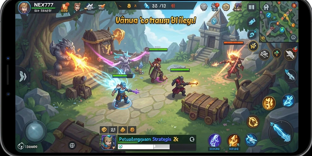 Tangkapan layar gameplay NEX777 yang menampilkan pertempuran epik dan strategi.