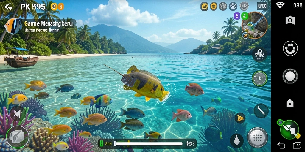 Screenshot PK95 menunjukkan momen seru menangkap ikan besar di lautan.