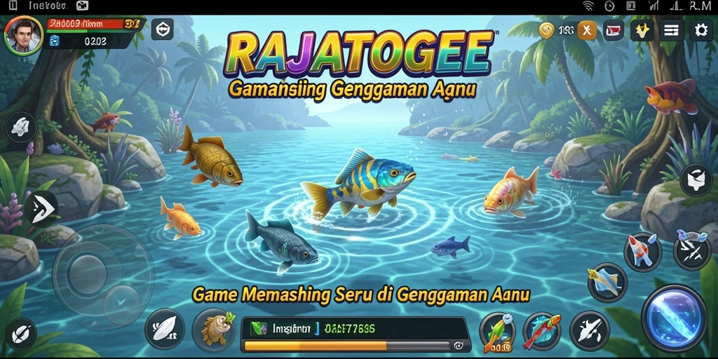Tampilan gameplay RAJATOGEL dengan berbagai jenis ikan yang menunggu untuk ditangkap.