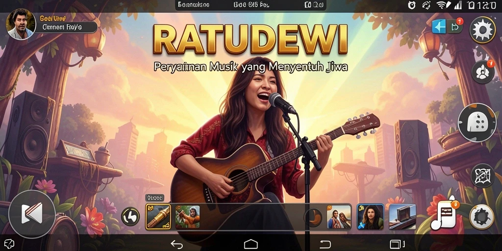 Tangkapan layar gameplay <strong>RATUDEWI</strong> menampilkan pengguna sedang bernyanyi dengan alat musik.